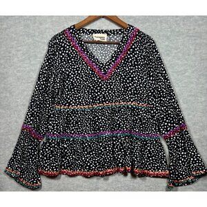 Savanna Jane Polka Dot Boho Top S Embroidered Bell Sleeves V Neck Casual